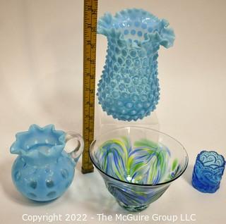 Four (4) Pieces of Blue Hobnail and Art Glass. 