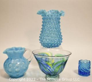 Four (4) Pieces of Blue Hobnail and Art Glass. 