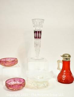 Five (5) Pieces of Victorian Bohemian Cut Glass Including Cranberry Glass Cruet.