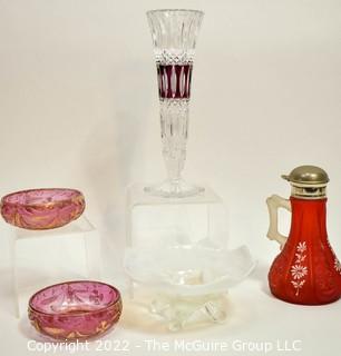 Five (5) Pieces of Victorian Bohemian Cut Glass Including Cranberry Glass Cruet.