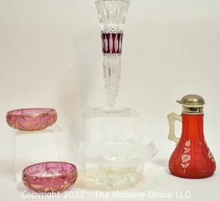 Five (5) Pieces of Victorian Bohemian Cut Glass Including Cranberry Glass Cruet.