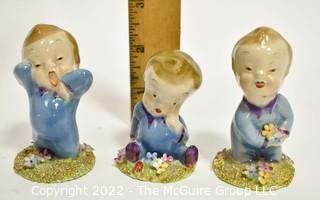 Three (3) Vintage Wade Porcelain Figurines - Wynken, Blynken & Nod Series, England. Each measures 3" tall.