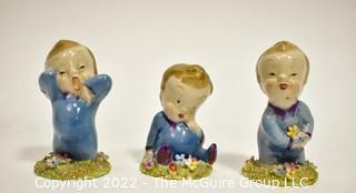 Three (3) Vintage Wade Porcelain Figurines - Wynken, Blynken & Nod Series, England. Each measures 3" tall.