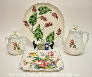 Four (4) Pieces of Hand Painted Italian Pottery Including Two Teapots. 
