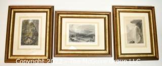 Three (3) 19th Century Framed Under Glass American Scenery Colored Engravings by William Henry Bartlett. Mount Washington & The White Hills. View Below Table Rock. A Forest Scene.  