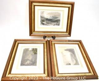 Three (3) 19th Century Framed Under Glass American Scenery Colored Engravings by William Henry Bartlett. Mount Washington & The White Hills. View Below Table Rock. A Forest Scene.  