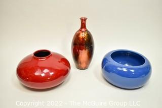 Three Contemporary Decorative Pottery and Glass Planters and Vases.