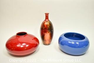 Three Contemporary Decorative Pottery and Glass Planters and Vases.