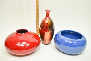 Three Contemporary Decorative Pottery and Glass Planters and Vases.