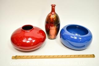 Three Contemporary Decorative Pottery and Glass Planters and Vases.