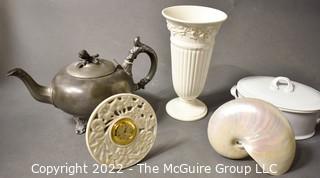 Wedgwood Etruria & Barlaston Embossed Porcelain Vase, Sheffield Pewter Teapot, Lenox Clock, Crate & Barrel Casserole and Pearled Nautilus Shell.