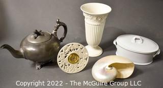 Wedgwood Etruria & Barlaston Embossed Porcelain Vase, Sheffield Pewter Teapot, Lenox Clock, Crate & Barrel Casserole and Pearled Nautilus Shell.