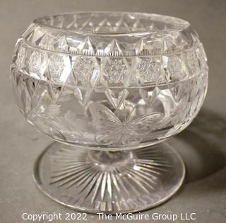 Heavy Cut Lead Crystal Serving Pedestal Bowl With Intaglio Butterfly Decoration.  Measures 6" in diameter and 7" tall.