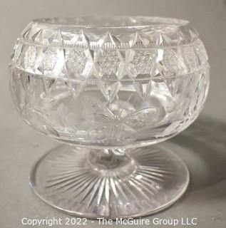 Heavy Cut Lead Crystal Serving Pedestal Bowl With Intaglio Butterfly Decoration.  Measures 6" in diameter and 7" tall.