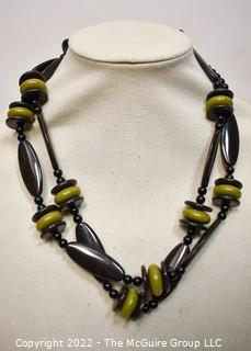 Vintage Retro Black And Green Lucite Bead Opera Length Necklace.  