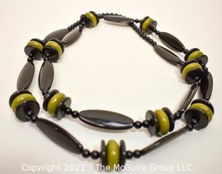 Vintage Retro Black And Green Lucite Bead Opera Length Necklace.  