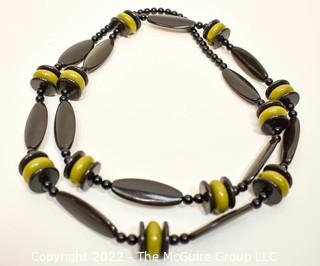 Vintage Retro Black And Green Lucite Bead Opera Length Necklace.  