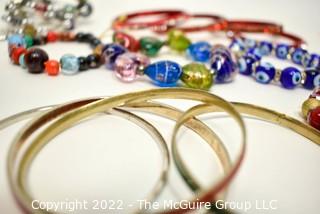 Collection of Beaded Bracelets Including Lampwork Glass, Beads, Rhinestones and Bangles.