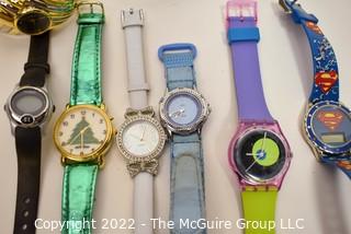 Group of Wrist Watches Including Swatch, Timex and Superman.  All Untested.