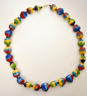 Bright Clay Artisan Made Bead Necklace. Measures 22" long. 0088CC
