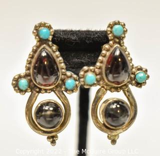 Vintage Garnet and Turquoise Mexican Sterling Silver Pierced Earrings. 
