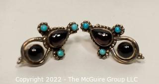 Vintage Garnet and Turquoise Mexican Sterling Silver Pierced Earrings. 
