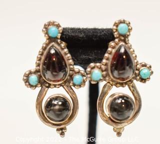 Vintage Garnet and Turquoise Mexican Sterling Silver Pierced Earrings. 
