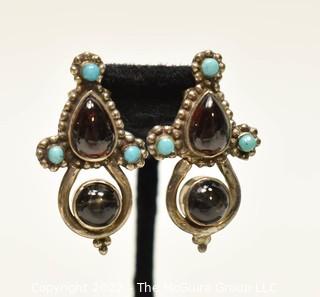 Vintage Garnet and Turquoise Mexican Sterling Silver Pierced Earrings. 
