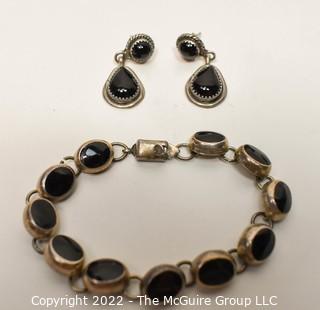 Mexican Sterling Silver Bezel Set Onyx Link Bracelet and Matching Pierced Earrings.
