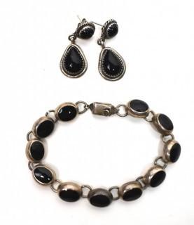 Mexican Sterling Silver Bezel Set Onyx Link Bracelet and Matching Pierced Earrings.
