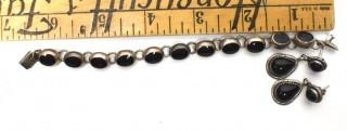 Mexican Sterling Silver Bezel Set Onyx Link Bracelet and Matching Pierced Earrings.
