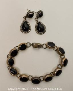 Mexican Sterling Silver Bezel Set Onyx Link Bracelet and Matching Pierced Earrings.
