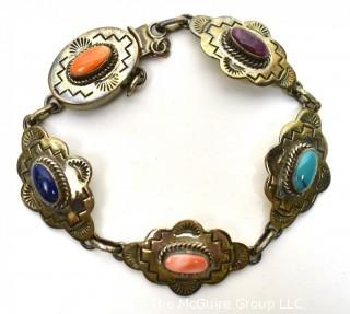 Native American Navajo Made Sterling Silver Multi Semi Prescious Stone Concho Link Bracelet.  