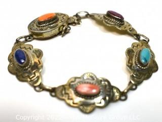 Native American Navajo Made Sterling Silver Multi Semi Prescious Stone Concho Link Bracelet.  