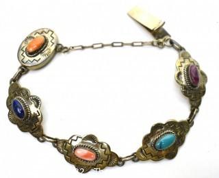 Native American Navajo Made Sterling Silver Multi Semi Prescious Stone Concho Link Bracelet.  