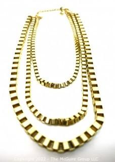 Vintage Triple Strand Gold Tone Large Box Chain Necklace.  