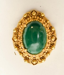 Vintage Green Cabochon Stone in Ornate Gold Surround Florenza Brooch or Pendant.  Measures 1 1/2" long. 
