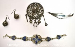 Group of Silver Boho Jewelry Including Mexican Hat Brooch, Lapis Inset Bracelet, Pierced Ball Dangle Earring and Abalone Inset Brooch.