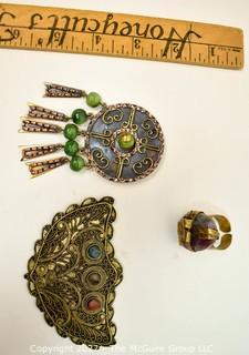 Three Pieces of Boho Inspired Jewelry.  Includes Brooch Made in Mexico and Jan Micheal of San Franciso Stone Wrapped Adjustible Ring. 