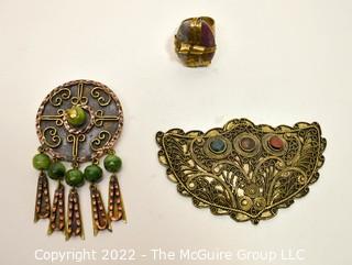 Three Pieces of Boho Inspired Jewelry.  Includes Brooch Made in Mexico and Jan Micheal of San Franciso Stone Wrapped Adjustible Ring. 