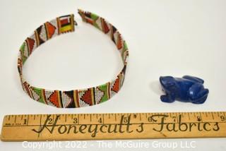 Hand Woven Beaded Choker Necklace and Carved Lapis Frog.  Toe of Frog Chipped.  