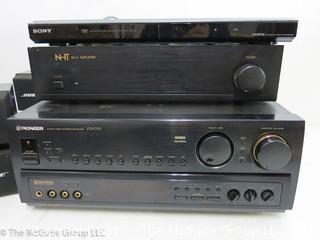 HIGH END AUDIO: Large collection of stereo components, speakers, remotes and connectors including BOSE, SONY, CRUTCHFIELD, NHT, PIONEER, PROSCAN, KOSS, JVC, AND RCA