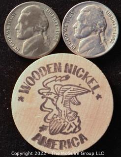 Coins: (2) War Nickels and a Wooden Nickel