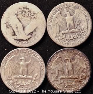 Silver coins: quarters, Standing Liberty {Type I} and three Washington head (1946, 1953, 1964)