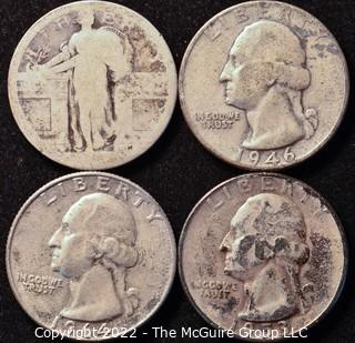 Silver coins: quarters, Standing Liberty {Type I} and three Washington head (1946, 1953, 1964)