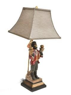 Bellhop Monkey Table Lamp with Striped Shade.  Measures 32" tall with shade. This is the first of two being offered. 