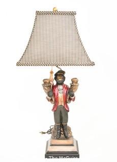 Bellhop Monkey Table Lamp with Striped Shade.  Measures 32" tall with shade.  This is the second of two being offered. 