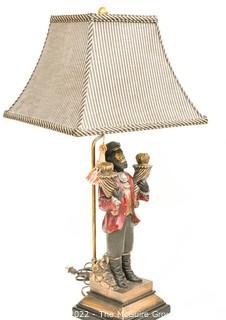 Bellhop Monkey Table Lamp with Striped Shade.  Measures 32" tall with shade.  This is the second of two being offered. 