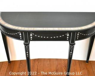 Black with Hand Painted Decoration Demi Lune Console Table. Measures 16" x 30" x 47".