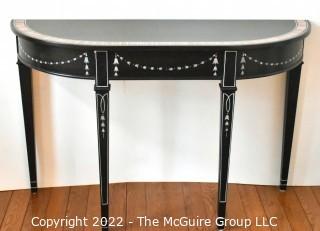 Black with Hand Painted Decoration Demi Lune Console Table. Measures 16" x 30" x 47".